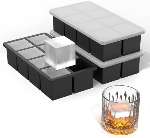 Bangp Silicone Ice Cube Trays with Metal Reinforced Frame(3 Pack),Large Ice Cube Tray with Lid,Easy Release Whiskey Ice Cubes Mold,Ice Trays for Freezer,Stackable Ice Cube Tray(Black)
