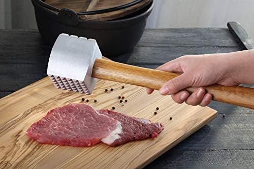 New Star Foodservice Improved Quality Aluminum Meat Tenderizer with Wood Handle, 13 Inch Meat Mallet and Hammer, Dual-Sided Tenderizer for Beef, Chicken, Pork, and Venison