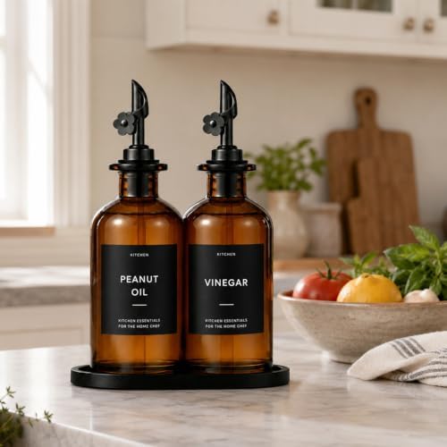 Olive Oil Dispenser for Kitchen, 2-Pack 12oz Glass Bottle with Black Labels