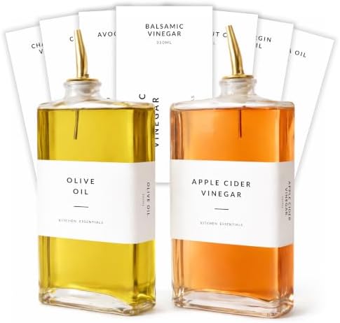 SAVVY & SORTED Glass Olive Oil Dispenser Bottle Set for Kitchen, 2PK Oil and Vinegar Dispenser Set with Gold Pourers and Labels, Cooking Oil Bottles for Kitchen Counter Decor, Set of 2