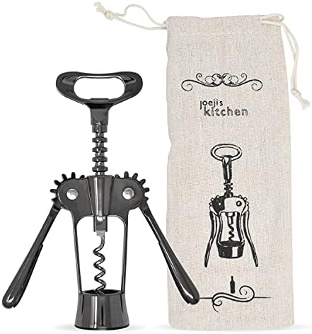 Joeji's Kitchen Wine Corkscrew Bottle Opener - Wing Cork Screw - Remove Beer Olive Oil Multifunctional Corks and Caps - Deluxe Storage Bag - Black