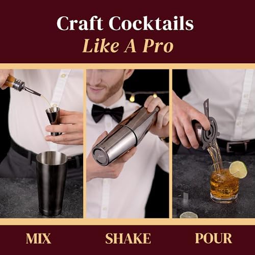 Asani Cocktail Shaker Set Bartender Kit - 24-Piece Home Bartending Kit with Stand and Recipe Booklet - Includes Cocktail Mixer, Corkscrew, Hawthorne Strainer, Double Jigger and More Bartender Tools