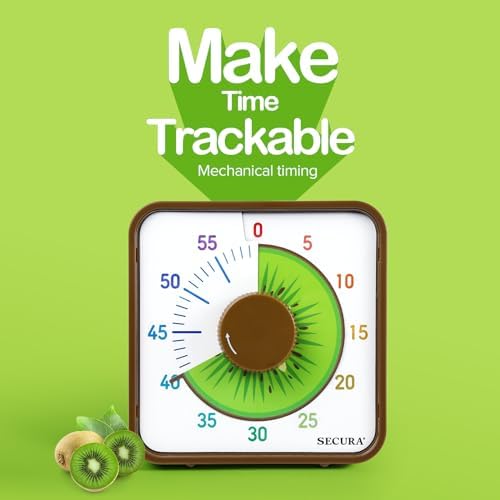 Secura 7.5-Inch Fruit Visual Timer for Kids, 60-Minute Countdown Timer for Classroom or Kitchen, Durable Mechanical Timer Clock with Magnetic Backing (Kiwi)