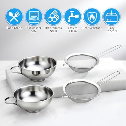4 Pieces Stainless Steel Funnels with Fine Mesh Strainer