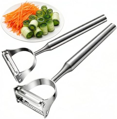 Stainless Steel Vegetable Peeler, 2-Pack 2-in-1 Julienne Y Peeler for Kitchen, Ergonomic Shredder for Healthy Keto Salad & Zoodles, Potato Carrot Fruit, Dishwasher Safe