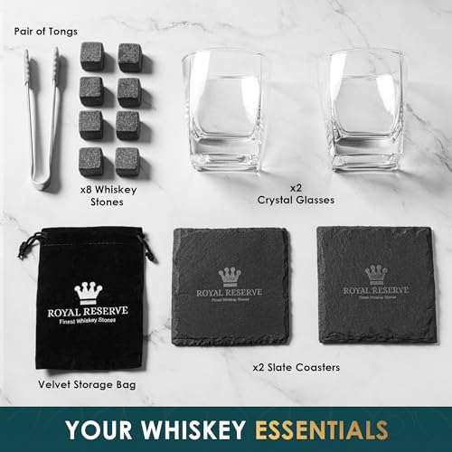 Whiskey Stones Gift Set for Men & Dad, Bourbon Glasses & Chilling Rocks