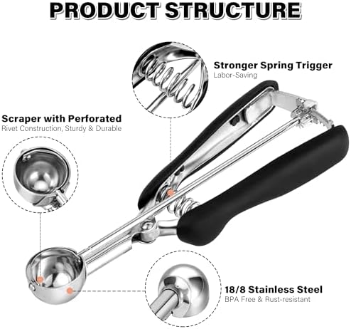 Small Cookie Scoop 2 tsp for Baking, Professional Stainless Steel Mini Ice Cream Scoop 30mm, Cookie Dough Scooper Meatball Scoop, Good Soft Grips, Quick Trigger Release, 10ml (2 Teaspoon)