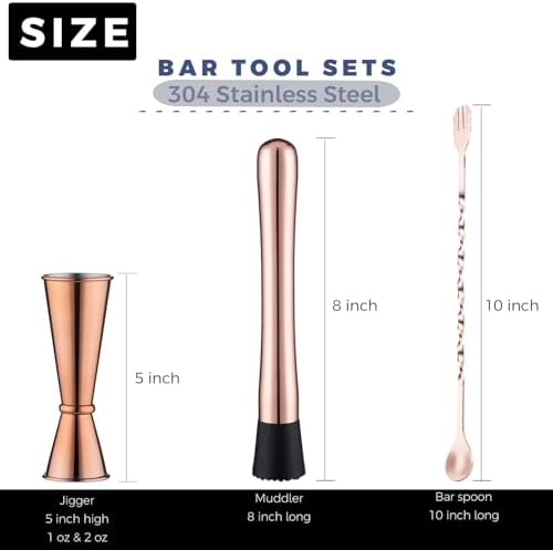 Rosegold Muddler for Cocktails, Matching Jigger and Bar Spoon with Bar Muddler - 3 Pcs Cocktail Muddler Set