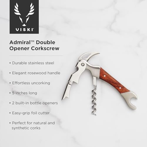 Viski Admiral Double Hinged Corkscrew Wine Opener with 2 Built-in Bottle Openers and Easy Grip Foil Cutter, Stainless Steel with Rosewood Handle, Home Bar, Travel, Gifts for Wine Lovers, Set of 1