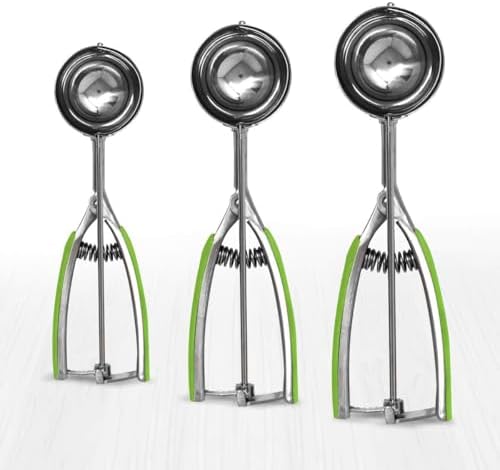 Millvado 3 Pack Stainless Steel Ice Cream and Cookie Scoops | With Green Rubber Grips – Spring Loaded Lever Design – For Sorbet, Melon, Meatballs, Muffins, and More – Includes 1 Oz, 2 Oz, 3 Oz Scoop