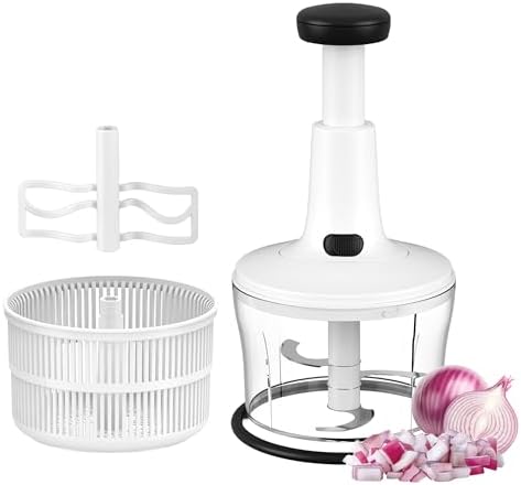 Manual Hand Push Food Chopper with Egg Whisk & Salad Spinner