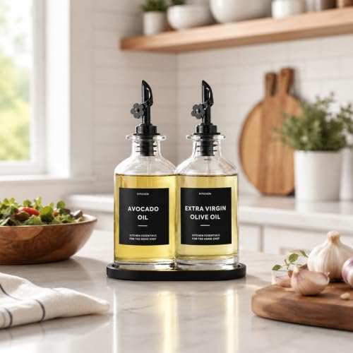 Olive Oil Dispenser for Kitchen, 2-Pack 12oz Glass Bottle with Labels