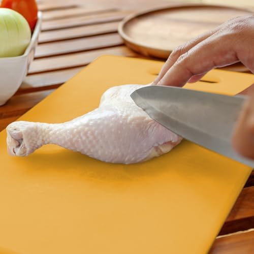 Dexas NSF Certified Polysafe Cutting Board with Handle and Juice Well, 12 x 18 inches, Reversible Kitchen Cutting Board, Yellow