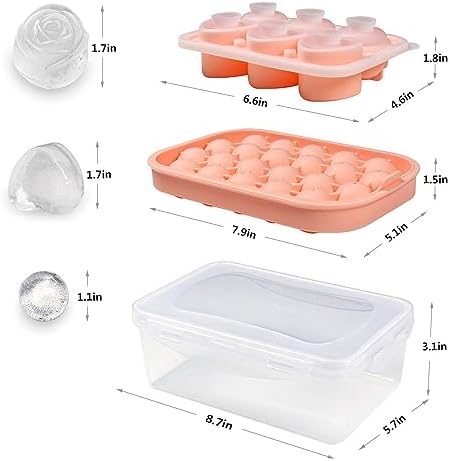 Silicone Ice Molds Fun Shapes Set, Heart Rose Ice Cube Mold, Small Round Ice Cube Tray, Makes 22 Sphere & 3 Heart 3 Rose Shape Ice Balls for Chilling Whiskey Cocktails, 2 Ice Trays with Bin Scoop Tong