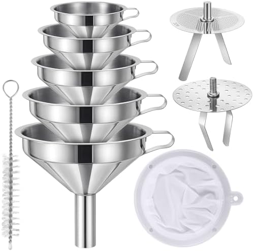 9 Pack Stainless Steel Kitchen Funnel Set, Including 5 Sizes of Kitchen Funnels with Handle, 2 Removable Strainers, 200 Mesh Food Filter, and 1 Cleaning Brush, for Transferring Liquid Filling Bottles