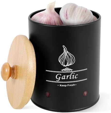 Garlic Keeper, Versatile Garlic Holder, Garlic Jar with Wood Lid, Ventilated Garlic Storage Container, Large Capacity Garlic Container for Kitchens (Style 1)