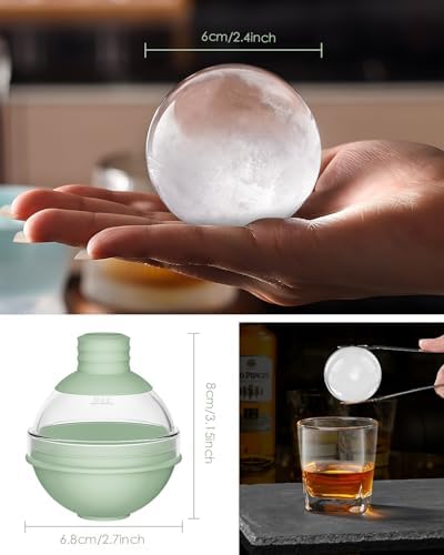 Large Ice Ball Maker Mold Silicone for Whiskey - Set of 4 with 2-in-1 Funnel Lid - 2.4 Inch Big Sphere Ice Mold for Cocktails Bourbon - Easy Release - Perfectly Round Ice Mold (Green)