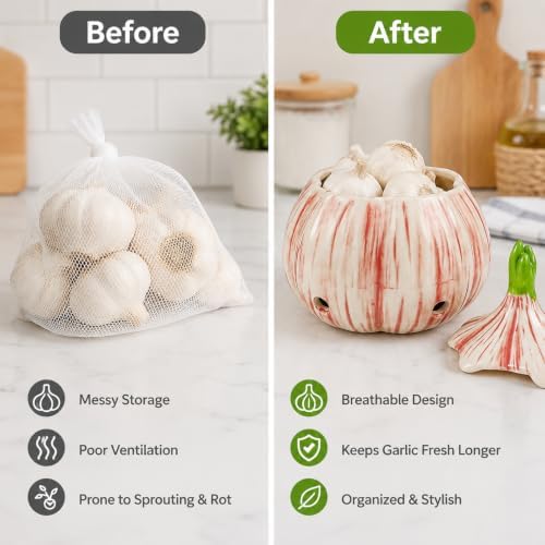 Yohsnor Large Ceramic Garlic Keeper with Lid, Unique Garlic Shape Container
