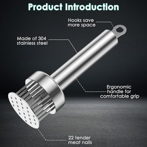 UKQRRTC Stainless Steel Meat Tenderizer Mallet 22 Needles Handheld Meat Tenderizer Tool Meat Tenderizer Press Efficient Meat Hammer Mallet for Steak Chicken Fish Pork 2.2×2.2×7.5in, Standard, Silver