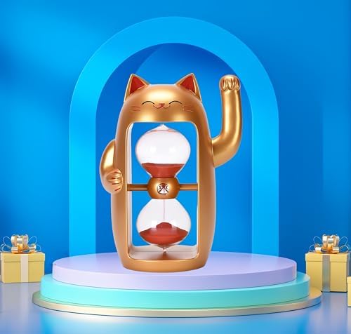 Lucky Cat Sand Timer Cute Hourglass Maneki-Neko Sandglass Timer reloj de Arena 3Min Sand Clock for Toothbrush Games Classroom Home Office Cooking Front Desk（Gold+3Min）