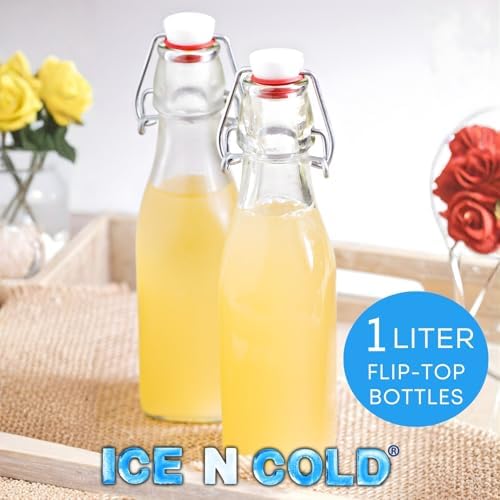 ICE N COLD Glass Swing Top Bottles | Flip Top Glass Bottles for Limoncello, Syrups, Oils, Vinegar, Extracts & Beverages | Airtight Reusable Glass Bottles (6-Pack, LARGE (1L | 34oz))
