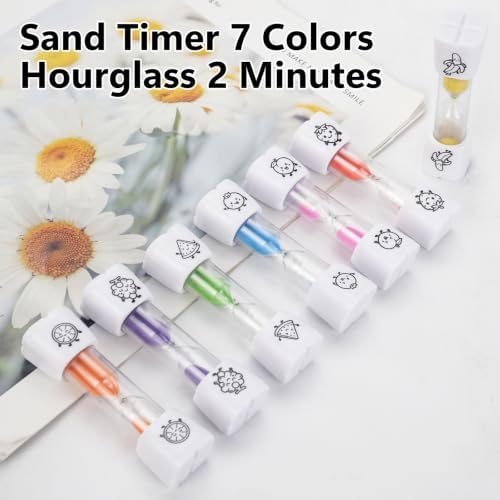 28PCS Brushing Teeth Timer Set, 7 Colors Colorful Hourglass Sand Clock, 2mins Cute Friuts Face Kids Toothbrush Sand Timers for Classroom Games Home Office Kitchen Cooking Decoration