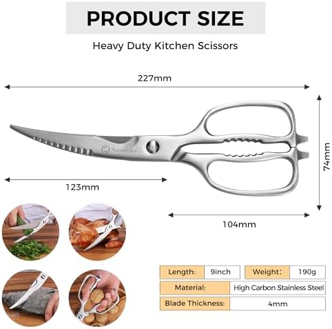 Sunnecko Heavy Duty Kitchen Scissors - Stainless Steel Kitchen Shears, Ultra Sharp Micro Serrated Poultry Shears, Cooking Scissors for Meat, 9 Inch Curved Blades