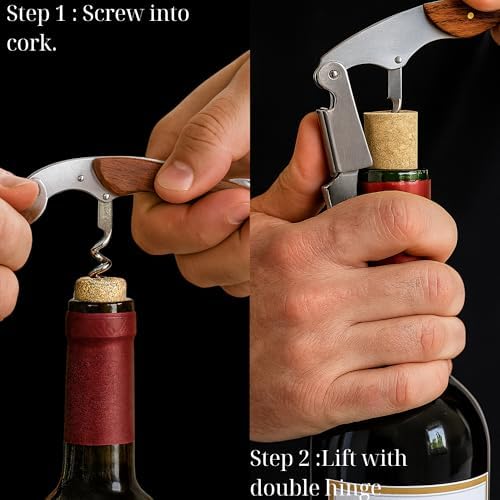 Professional Waiter’s Corkscrew – Double-Hinged Wine Opener with Wooden Handle & Leather Case, Durable Stainless Steel Wine Key for Bar, Restaurant & Home