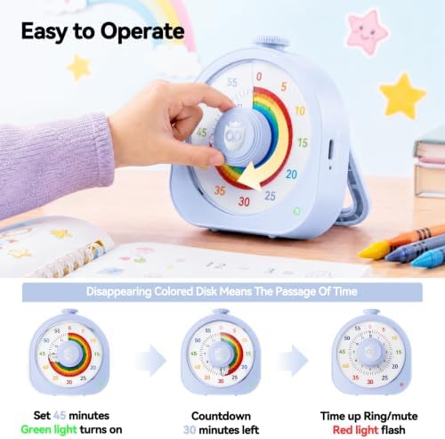 Kids Timer with Rainbow Visual Disk, Rechargeable Timer for Classroom Office Kitchen with Magnetic Sticker, 60 Min/12Hr Silent Countdown Timers Management Tool for ADHD & Autism