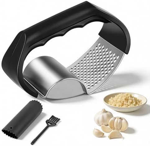 Garlic Press Rocker Stainless Steel Garlic Rocker 2-in-1 Garlic Cutter Garlic Cradle Garlic Press Rocker Kitchen Aid, Small Garlic Grater for Effortless Chopping