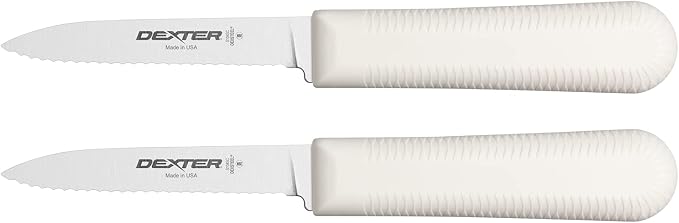 Dexter Russell S104SC-2PCP Sani-Safe 15663 Paring Knife Set, 3-1/4" Scalloped Edge DEXSTEEL High Carbon Stain-Free Steel Blades, Textured Non-Slip White Polypropylene Handles, 2 Pack, NSF, USA Made