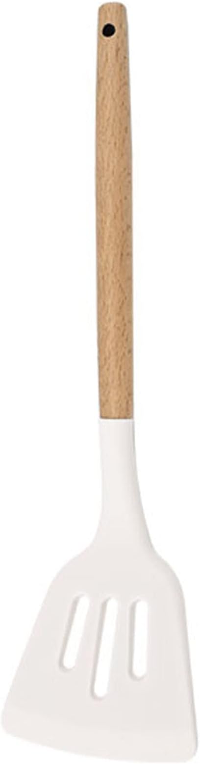 1pc White Silicone Slotted Turner with Wooden Handle, Heat Resistant Cooking Utensils, Ideal Cookware for Fring Fish, Eggs, Meat, French Fries