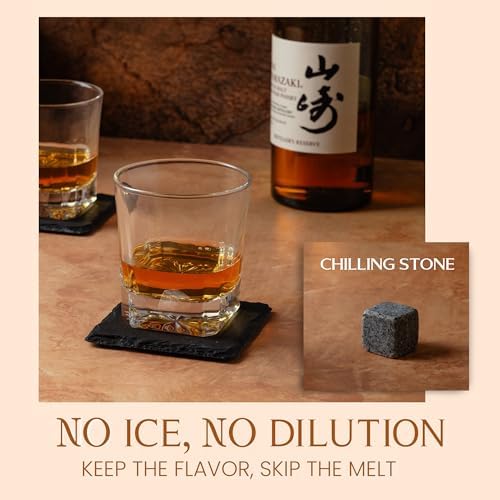 Mixology & Craft Whiskey Stones Gift Set – Includes Two 10oz Crystal Whiskey Glasses, 8 Granite Chilling Rocks, Slate Coasters, Metal Tongs, Cocktail Recipe Cards, Elegant Wooden Storage Box