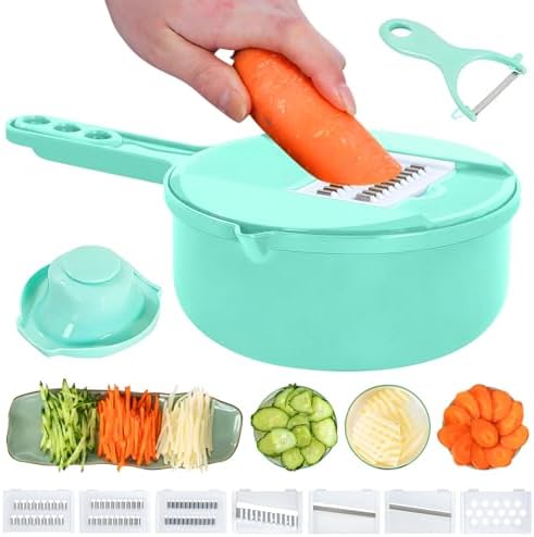 Multifunction mandoline slicer;vegetable chopper;vegetable slicer;food slicer;food chopper;chopper container;onion chopper;mandoline food slicer;vegetable cutter;chopping artifact (green, 9 in 1)