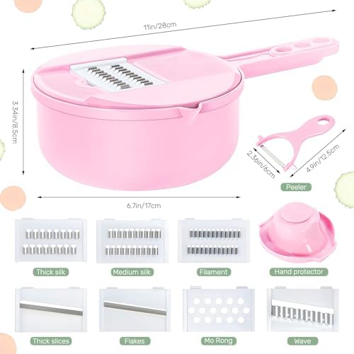 Multifunction mandoline slicer;vegetable chopper;vegetable slicer;food slicer;food chopper;chopper container;onion chopper;mandoline food slicer;vegetable cutter;chopping artifact (pink, 9 in 1)