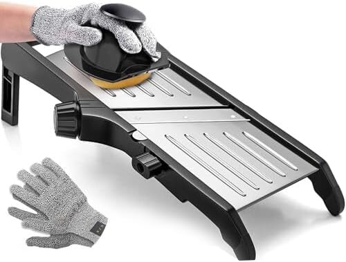 Adjustable Mandoline Slicer for Kitchen, Potato Cutter, Vegetable Chopper, Mandolin, Cucumber Slicer- INCLUDING one Pair Cut-Resistant Gloves and Waffle Fry Cutter