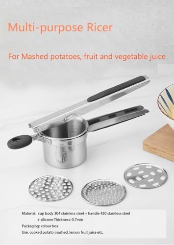 Potato Ricer, Heavy Duty Stainless Steel Potato Masher and Ricer Kitchen Tool, Press and Mash Kitchen Gadget (Silicone handle), Silver