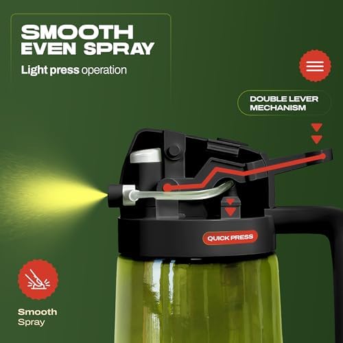 PORTENTUM Olive oil spray bottle for cooking 16oz/470ml 2 in 1 spray and pour function – Anti drip green glass bottle dispenser with light protection – Multilingual labels – Air fryer salads grilling