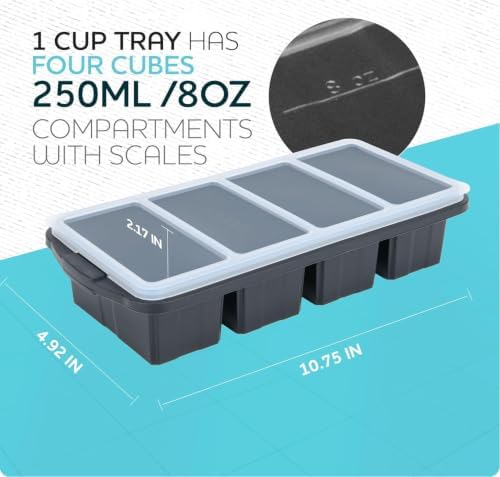 Silicone Freezer Tray With Lid-Soup Freezer Container molds-Large Ice Cube Tray Set Makes 1-Cup & 2-Cup portions cubes Perfect for preparing meals in different portion sizes Oven & Dishwasher -Safe