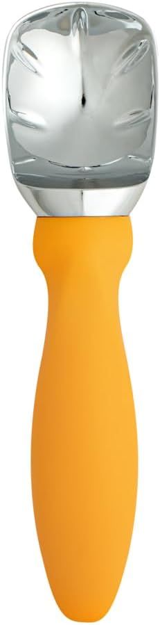 Restaurantware Comfy Grip 7.9 x 2 Inch Kitchen Ice Cream Scoop 1 Heavy-Duty Ice Cream Disher - Ergonomic PP Handle Dishwashable Orange Metal Ice Cream Spade With Lid Opener Notch Multi-Use