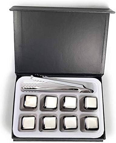 Reusable Stainless Steel Ice Stones for Whiskey and Drinks. Pack of 8 Pieces with Ice Tongs, Freezer Tray and Gift Box
