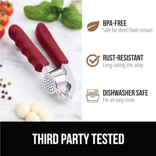 GORILLA GRIP Garlic Peeler and Press Set, Heavy Duty Mincer, Red