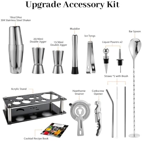 Boston Cocktail Shaker Set, 18 oz & 28 oz 2-Piece Tins, 304 Bartender Kit 15-Piece Bar Tool Set with Acrylic Stand & Recipe Book, for Novices & Pros, Home and Bar Use (Silver)