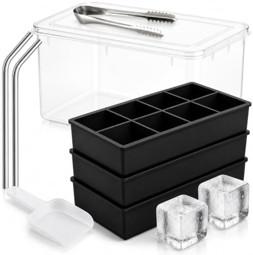 Large Silicone Ice Cube Tray - 3 Pack Trays for 8 Square Cubes with Large Bin, Scoop, Tong & 2 SS Straws - Easy Release Ice Mold for Whiskey, Cocktails, Coffee (Black)