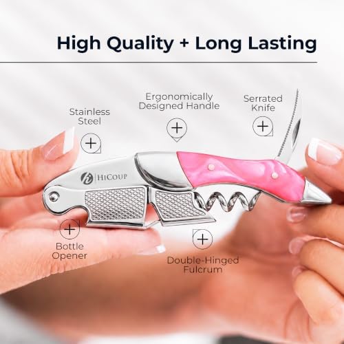 Hicoup Wine Opener - Professional Corkscrews for Wine Bottles w/Foil Cutter and Cap Remover - Manual Wine Key for Servers, Waiters, Bartenders and Home Use - Flamingo Pink & Steel