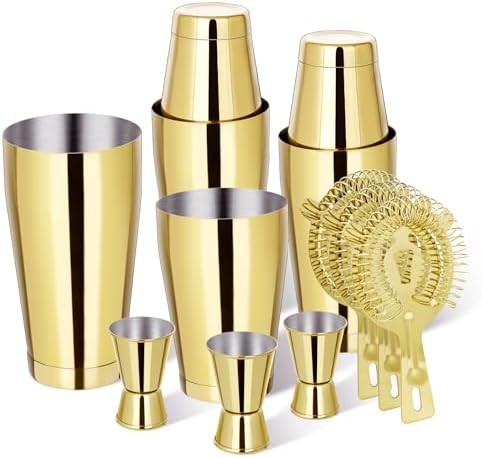 Mwellewm Boston Shaker Cocktail Set Bartender Kit, 12 Pcs Drink Shaker with Strainer Bartending Martini Shaker Tin with 18oz & 28oz Mixed Alcohol Shaker Stainless Steel Bar Tool for Beginner(Gold)