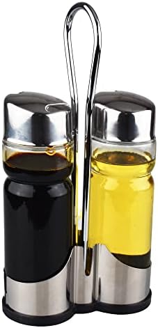 Oil and Vinegar Dispenser Set with Stainless Steel Holder,Clear Glass Olive Oil Dispenser Bottle
