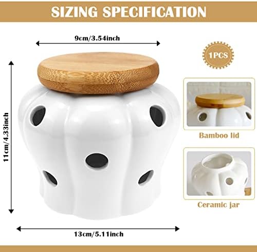 DOERDO White Ceramic Garlic Keeper Jar Container for Food Storage with Lid, Garlic and Ginger Storage Container, 5.1" x 4.3"