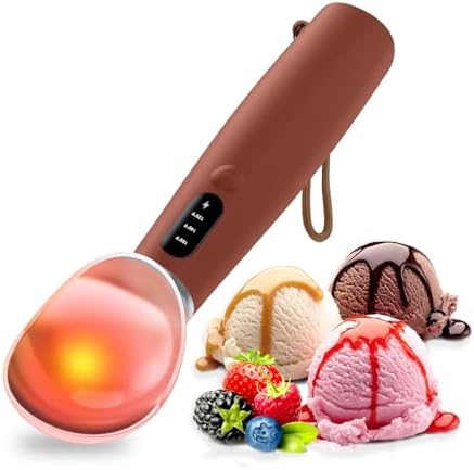Heated Ice Cream Scoop Rechargeable, IP67 Waterproof Electric Warming Ice Cream Scooper with LED Display, Heats to 70°C for Hard Ice Cream, Easy for Seniors & Kids (Brown)