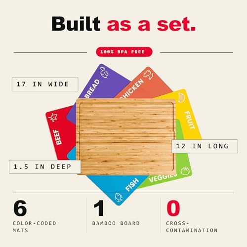 Personalized bamboo cutting board set, also called a custom engraved or monogrammed cutting board. Includes 6 color-coded flexible mats; add a name, date, or message.
